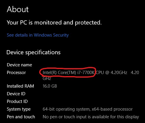 Windows Device Specifications CPU Name Example